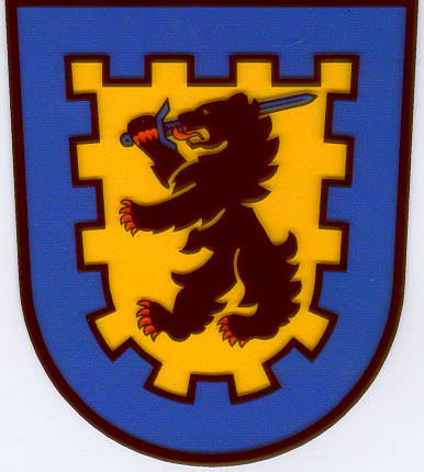 Euran vaakuna. Vaakunan karhu on jaettu aihe Satakunnan vaakunan kanssa viitaten pitäjän asemaan yhtenä maakunnan vanhoista keskuksista. Sakarakoro symboloi seudun muinaislinnoja.